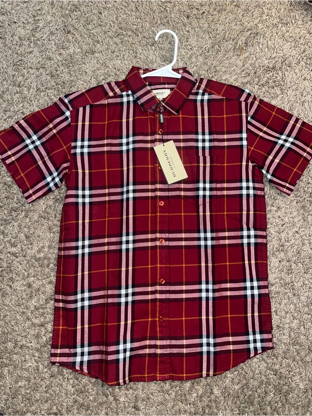 Burberry Men's Red Plaid Short-Sleeve Button-Up Shirt